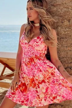 Online Dear-Lover Floral Spaghetti Strap Surplice Neck Shir Waist Mini Dress Red