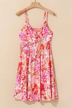Online Dear-Lover Floral Spaghetti Strap Surplice Neck Shir Waist Mini Dress Red