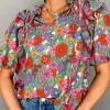 Discount Dear-Lover Floral Tie Split Neck Ruffle Puff Sleeve Blouse Red