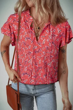 Clearance Dear-Lover Floral Tie Split Neck Short Flounce Sleeve Crinkled Blouse Red