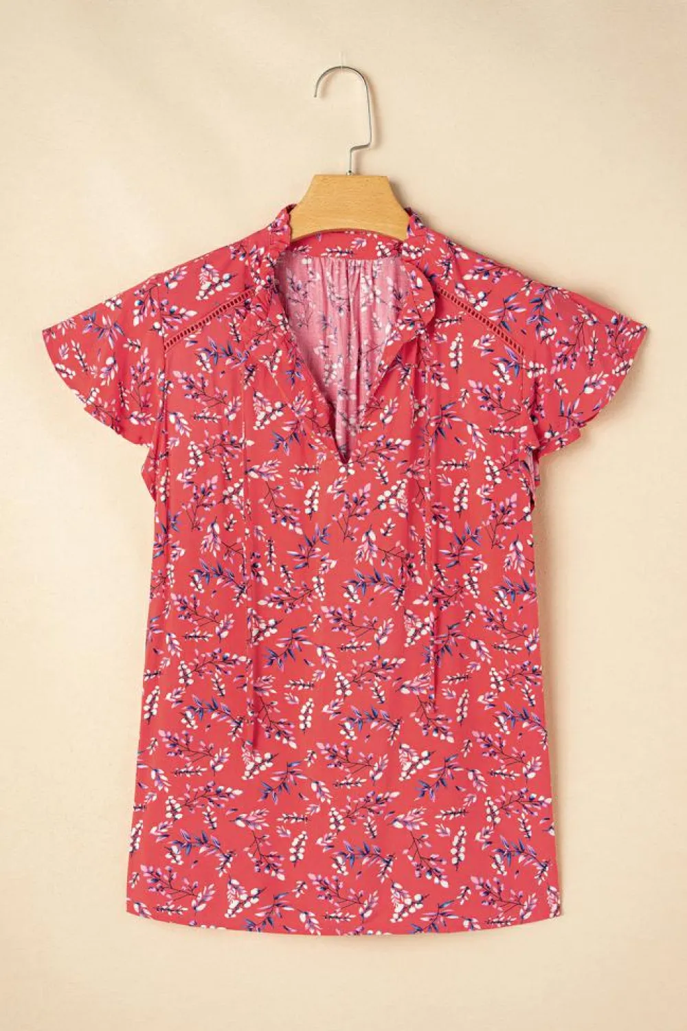Clearance Dear-Lover Floral Tie Split Neck Short Flounce Sleeve Crinkled Blouse Red