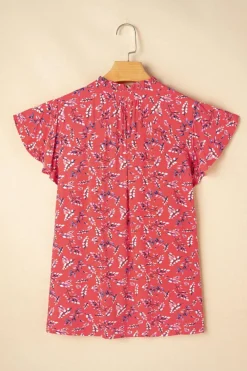 Clearance Dear-Lover Floral Tie Split Neck Short Flounce Sleeve Crinkled Blouse Red