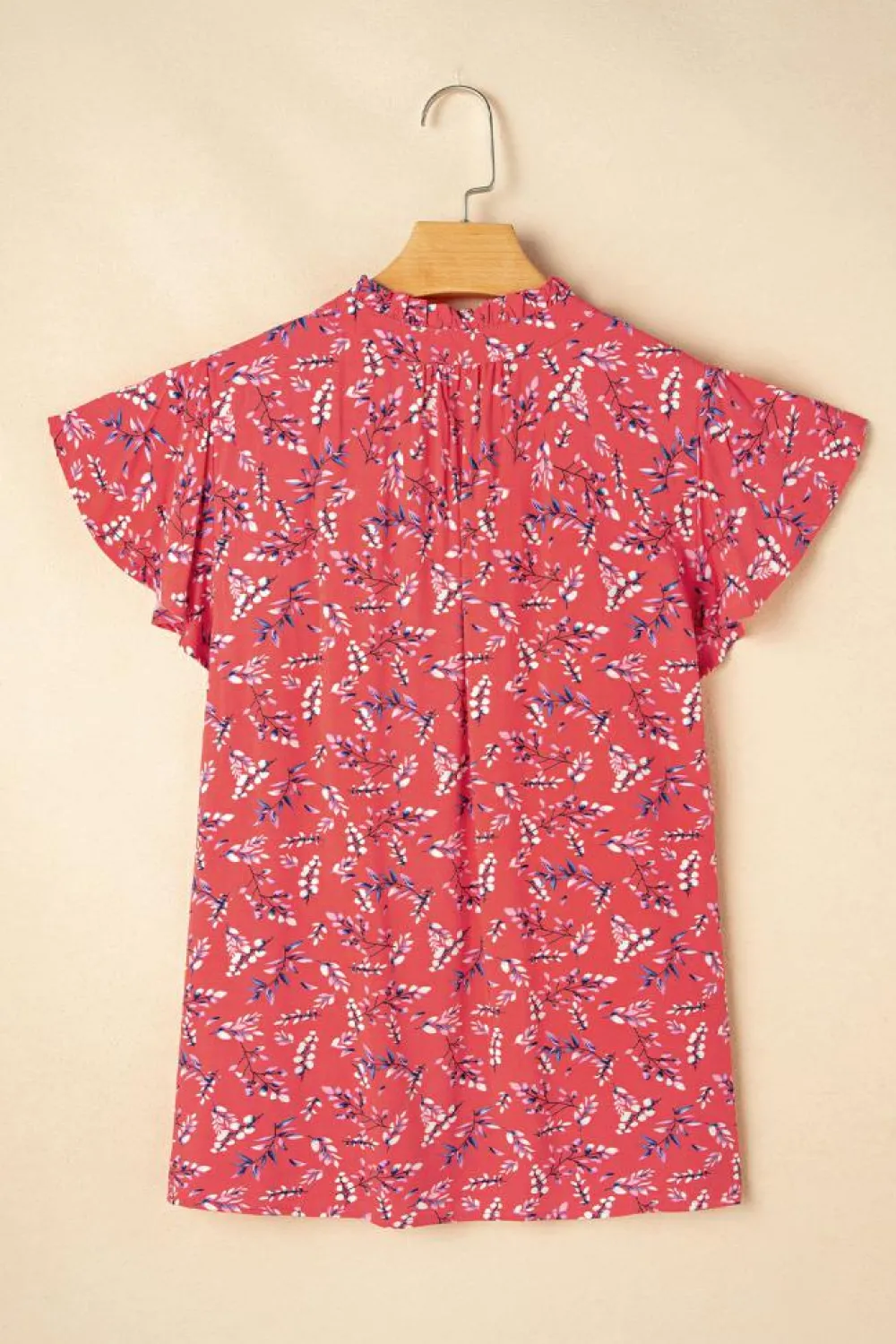 Clearance Dear-Lover Floral Tie Split Neck Short Flounce Sleeve Crinkled Blouse Red