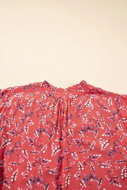 Clearance Dear-Lover Floral Tie Split Neck Short Flounce Sleeve Crinkled Blouse Red