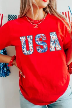 Best Dear-Lover Red Floral USA Graphic Cuffed Sleeve Crew Neck Tee Red-2
