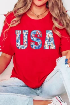 Best Dear-Lover Red Floral USA Graphic Cuffed Sleeve Crew Neck Tee Red-2