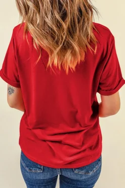 Best Dear-Lover Red Floral USA Graphic Cuffed Sleeve Crew Neck Tee Red-2