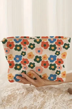 Online Dear-Lover Flower Printed Rib Textu Cosmetic Bag Red
