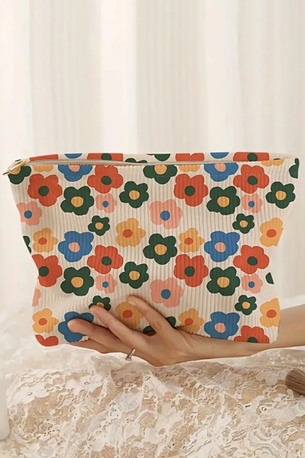 Online Dear-Lover Flower Printed Rib Textu Cosmetic Bag Red