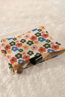 Online Dear-Lover Flower Printed Rib Textu Cosmetic Bag Red