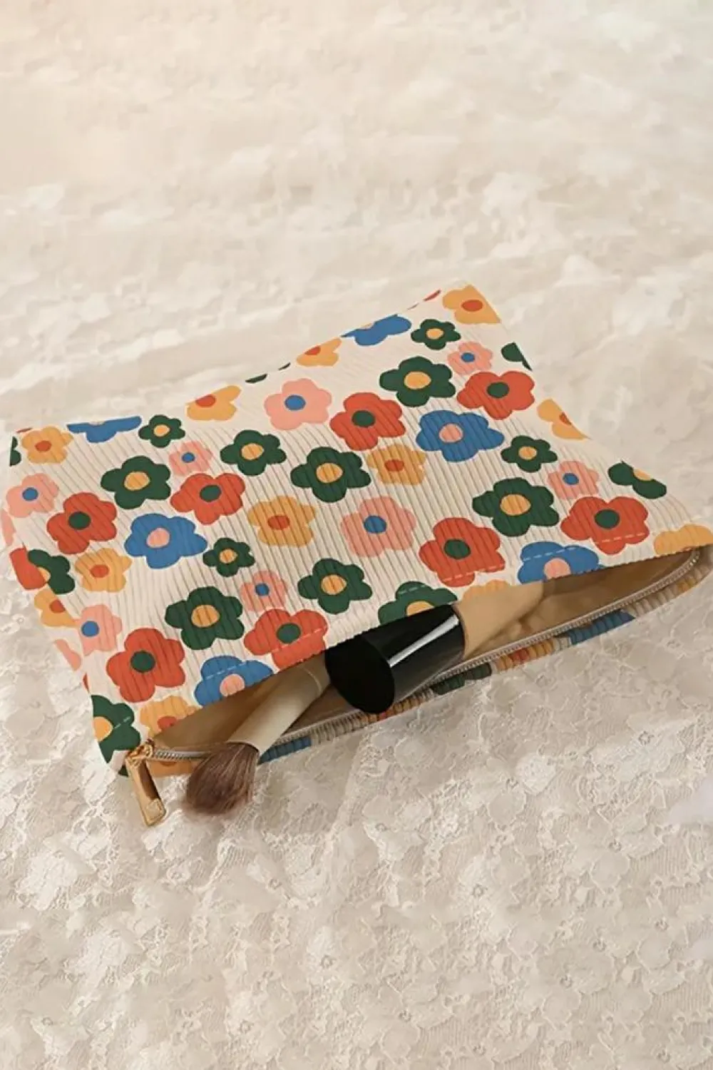 Online Dear-Lover Flower Printed Rib Textu Cosmetic Bag Red