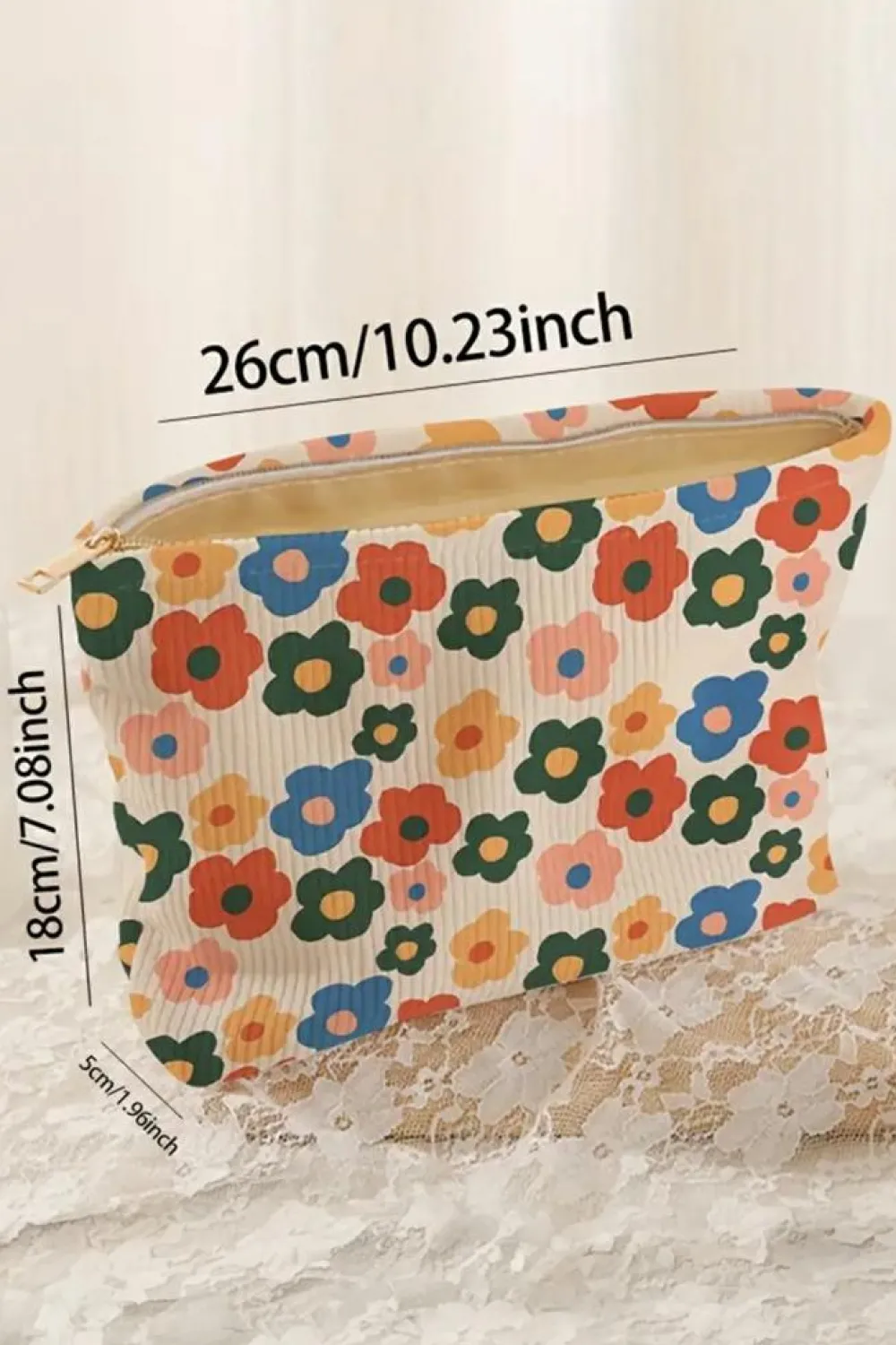 Online Dear-Lover Flower Printed Rib Textu Cosmetic Bag Red