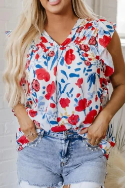 Clearance Dear-Lover Flowers Pintuck Detail V-Neck Ruffled Sleeve Top Red