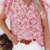 Best Dear-Lover Flutter Sleeve V Neck Floral Summer Blouse Red