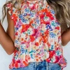 Hot Dear-Lover Frilled Neck Pleated Boho Floral Tank Top Red