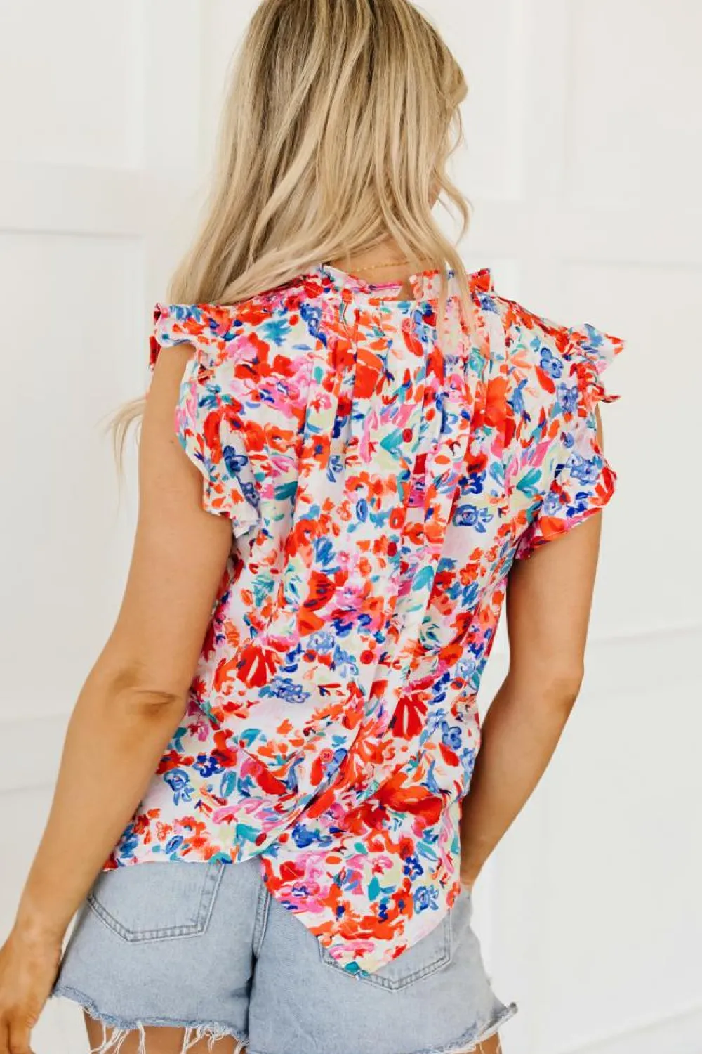 Hot Dear-Lover Frilled Neck Pleated Boho Floral Tank Top Red