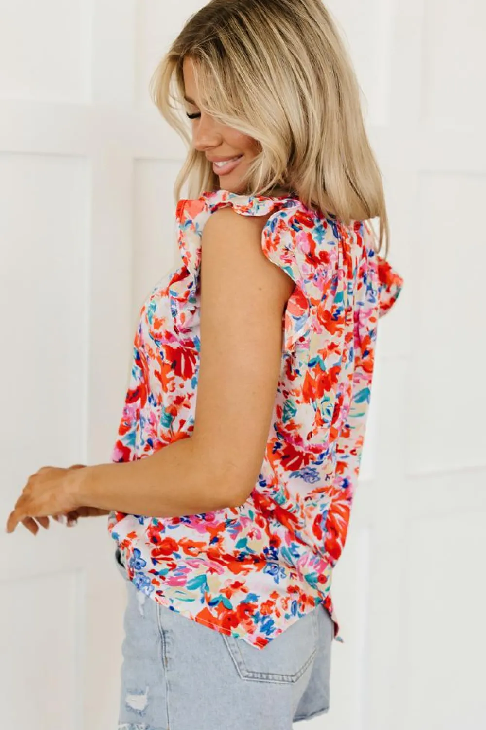 Hot Dear-Lover Frilled Neck Pleated Boho Floral Tank Top Red