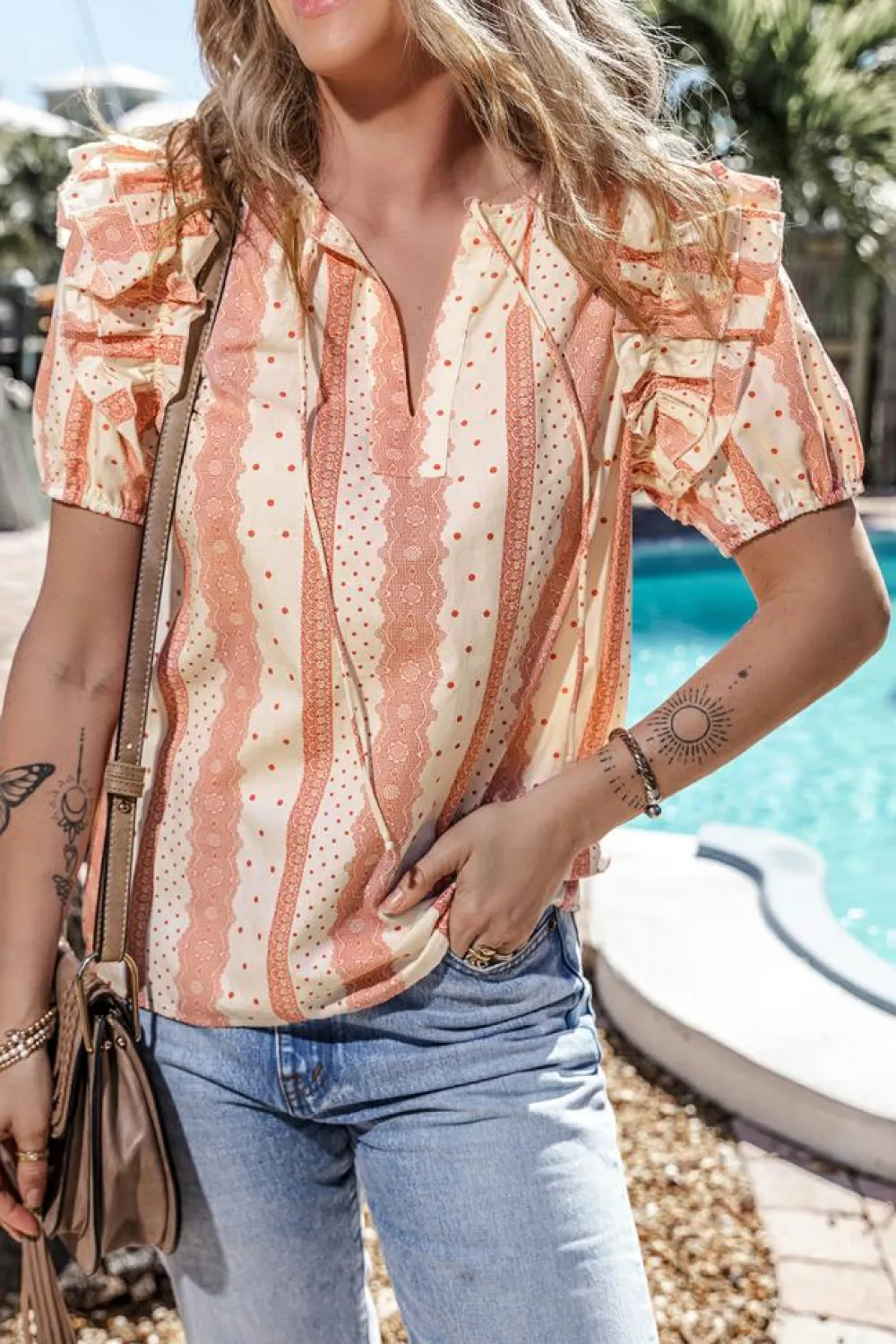 New Dear-Lover Frilled Short Puff Sleeve Mixed Print Blouse Red