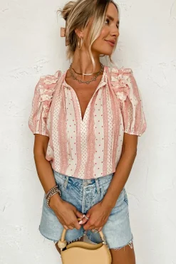 New Dear-Lover Frilled Short Puff Sleeve Mixed Print Blouse Red