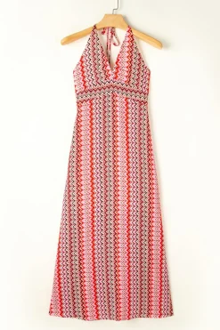 Outlet Dear-Lover Halter Neck Tribal Boho Printed Backless Maxi Dress Red