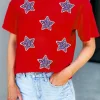 Clearance Dear-Lover Red July 4th Fashion Sequin Star Graphic T Shirt Red-2