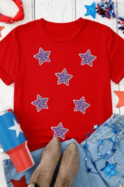 Clearance Dear-Lover Red July 4th Fashion Sequin Star Graphic T Shirt Red-2
