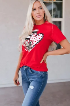 New Dear-Lover Red Leopard Striped Heart Shaped Print Crew Neck T Shirt Red-2
