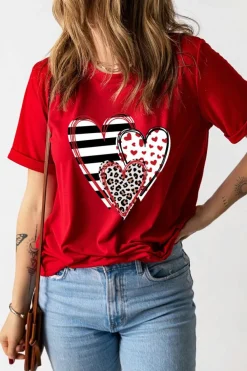 New Dear-Lover Red Leopard Striped Heart Shaped Print Crew Neck T Shirt Red-2