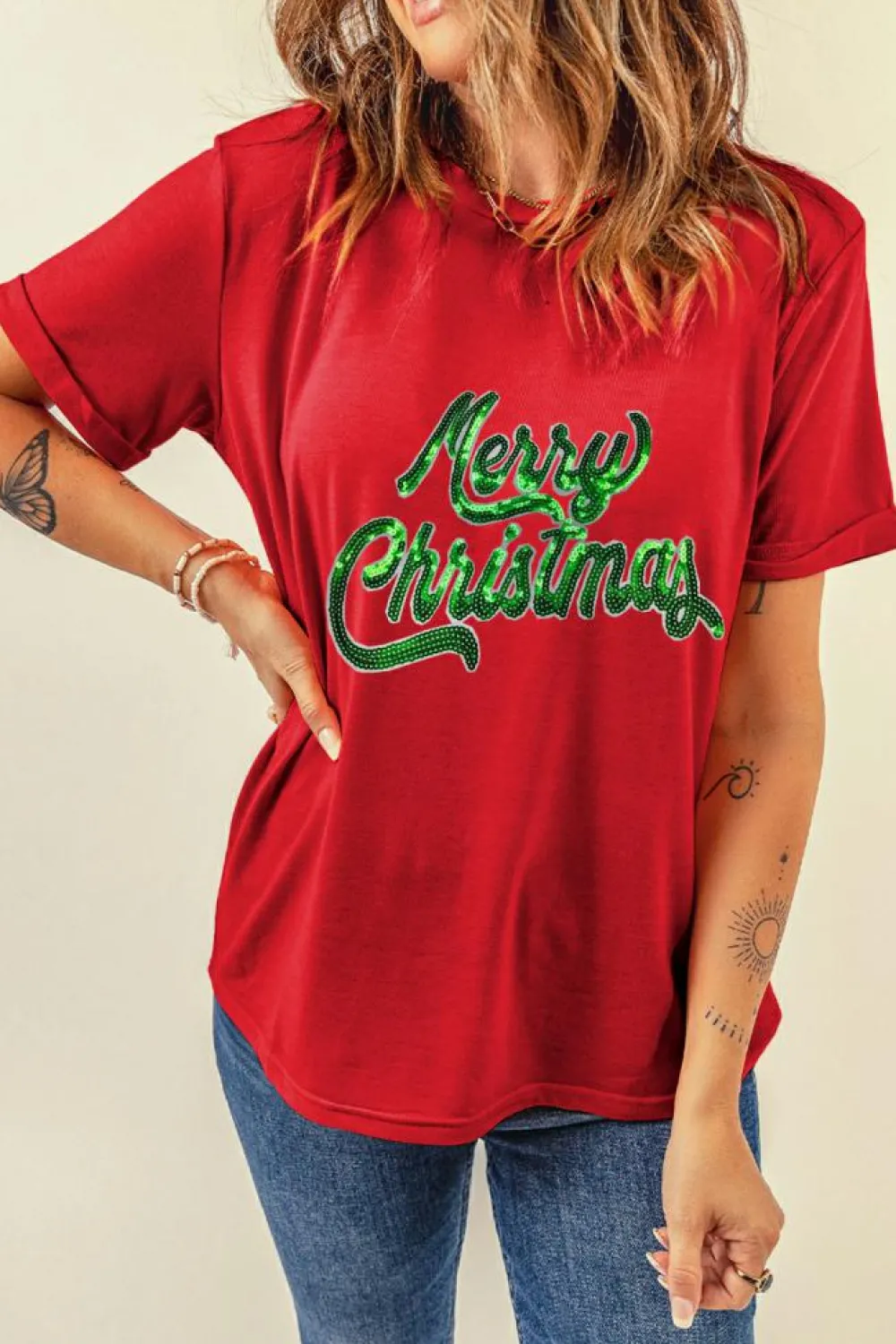 Sale Dear-Lover Red Merry Christmas Graphic Crewneck T Shirt Red-2