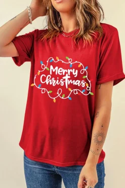 New Dear-Lover Red Merry Christmas Lights Print Crew Neck T Shirt Red-2