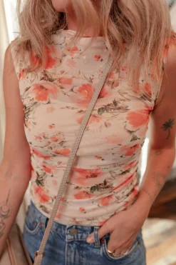 Sale Dear-Lover Mesh Floral Printed Slim Fit Tank Top Red