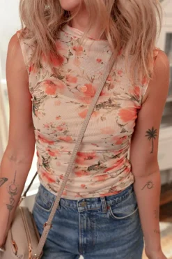 Sale Dear-Lover Mesh Floral Printed Slim Fit Tank Top Red