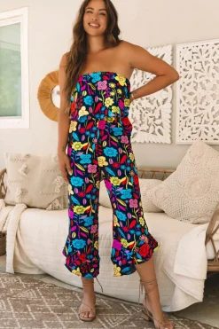 Clearance Dear-Lover Mix Tropical Print Strapless Ruffled Jumpsuit Red