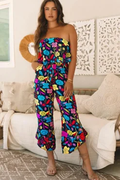 Clearance Dear-Lover Mix Tropical Print Strapless Ruffled Jumpsuit Red