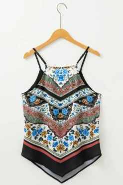 Clearance Dear-Lover Mixed Floral Chevron Pattern Dip Hem Spaghetti Straps Tank Red