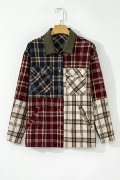 Hot Dear-Lover Mixed Plaid Patchwork Retro Shacket Red
