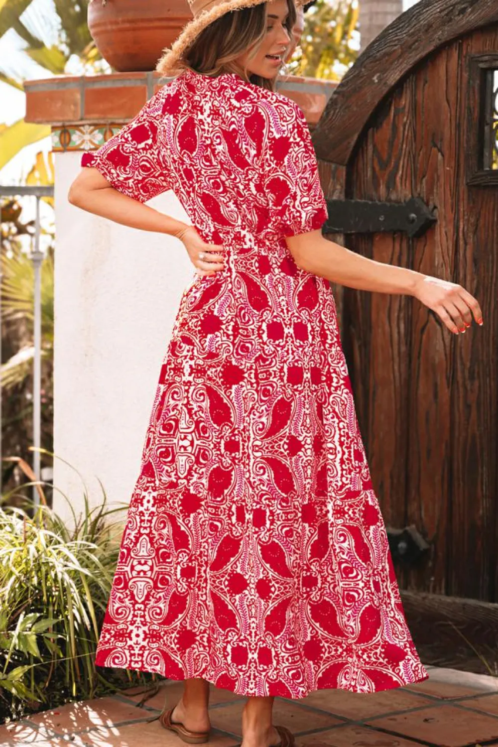 Hot Dear-Lover Paisley Print Side Slit Puff Sleeve High Waist Maxi Dress Red