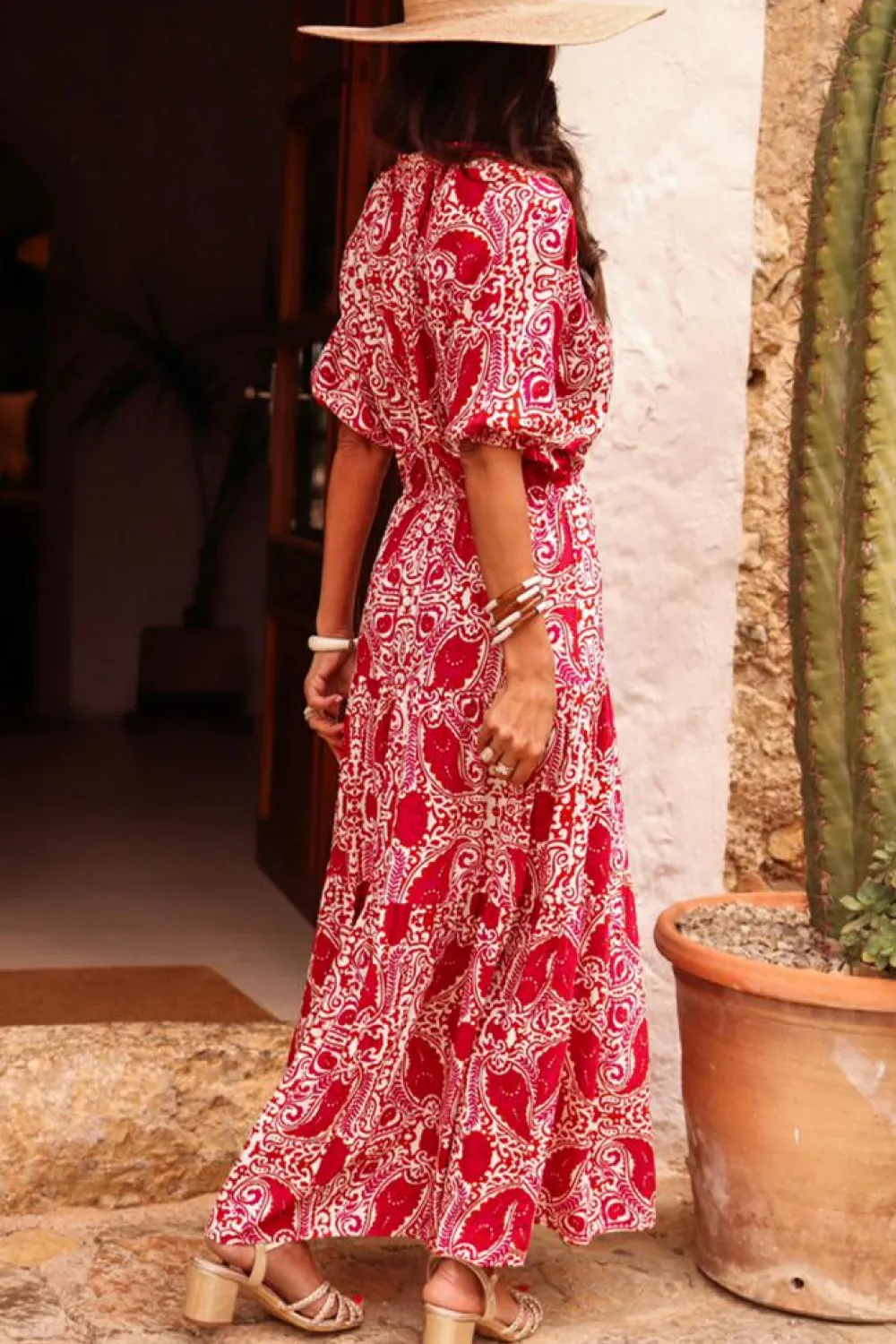 Hot Dear-Lover Paisley Print Side Slit Puff Sleeve High Waist Maxi Dress Red