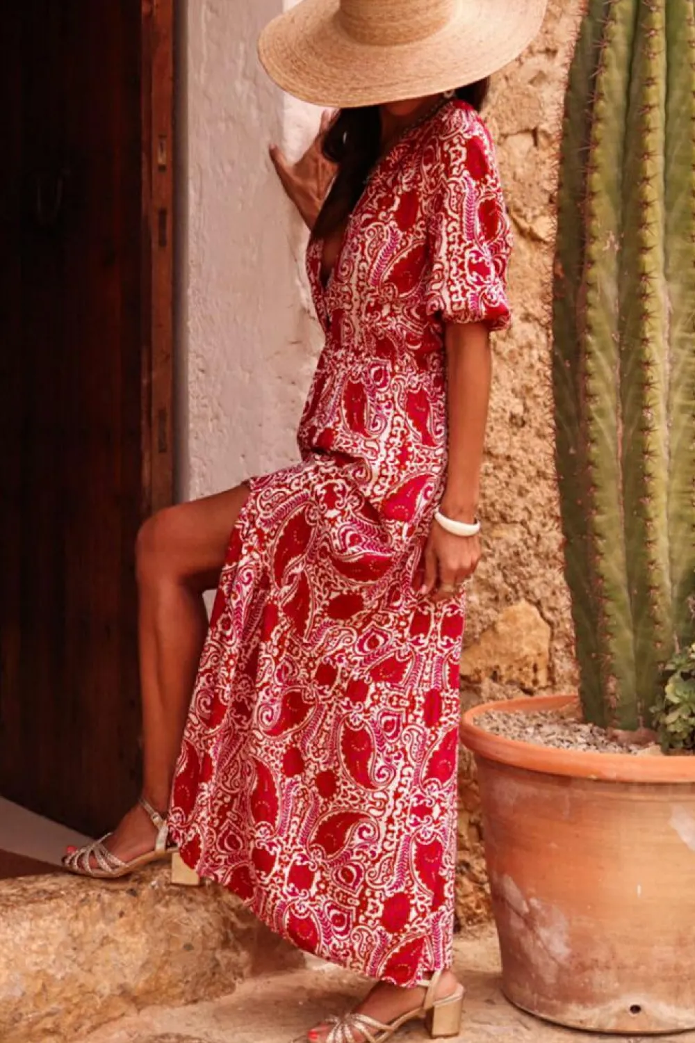 Hot Dear-Lover Paisley Print Side Slit Puff Sleeve High Waist Maxi Dress Red