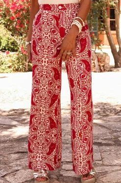 Online Dear-Lover Paisley Printed Buttoned High Waist Straight Leg Pants Red