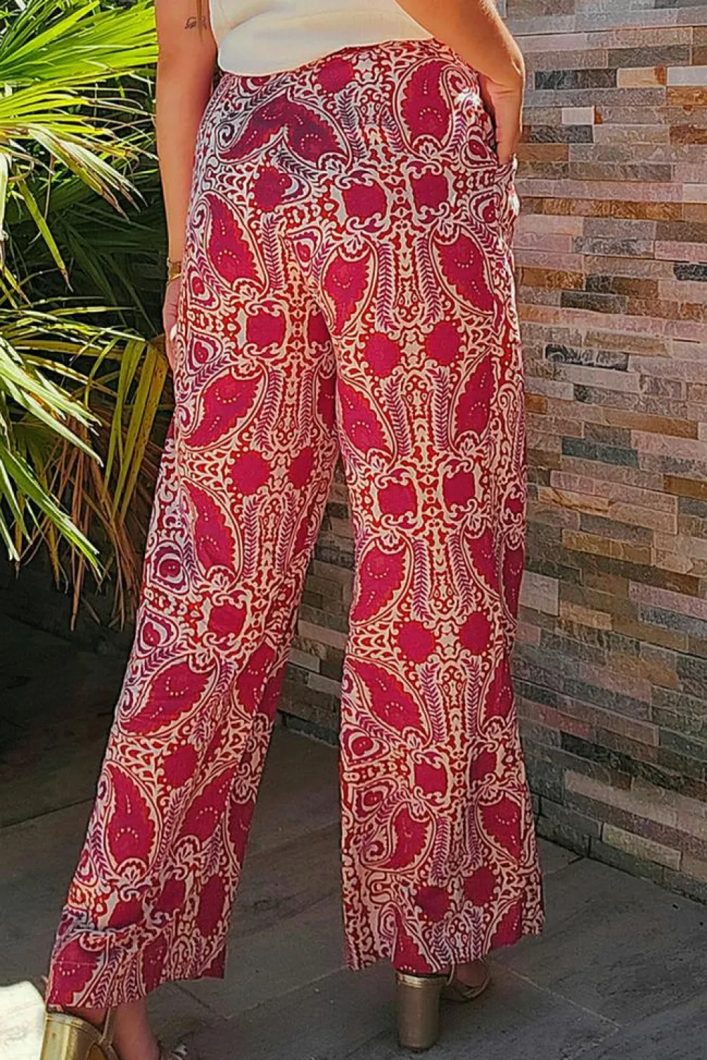 Online Dear-Lover Paisley Printed Buttoned High Waist Straight Leg Pants Red