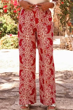Online Dear-Lover Paisley Printed Buttoned High Waist Straight Leg Pants Red