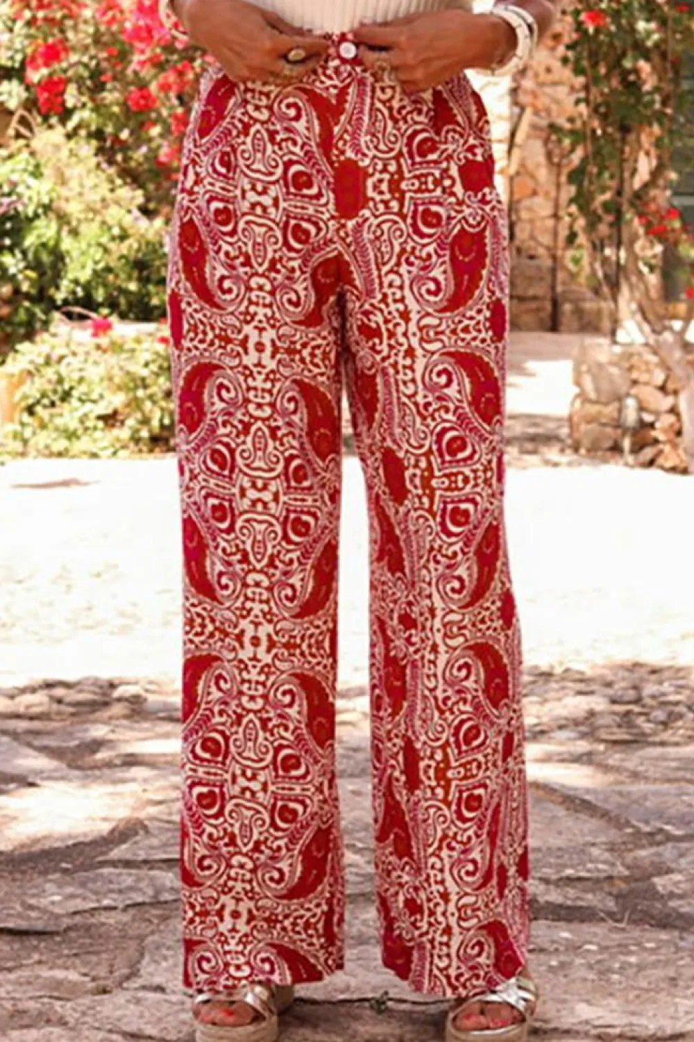 Online Dear-Lover Paisley Printed Buttoned High Waist Straight Leg Pants Red