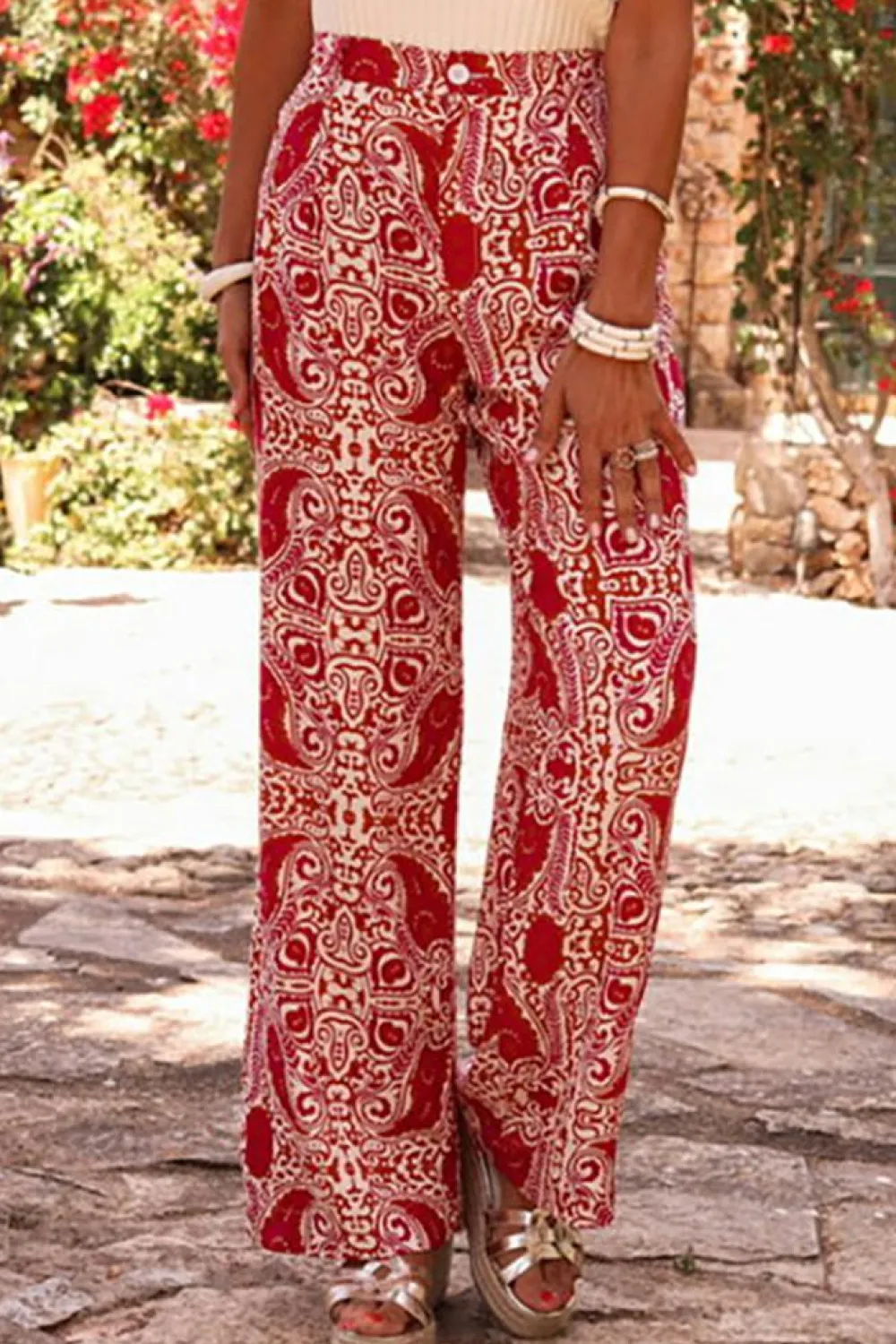 Online Dear-Lover Paisley Printed Buttoned High Waist Straight Leg Pants Red