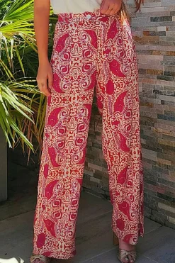 Online Dear-Lover Paisley Printed Buttoned High Waist Straight Leg Pants Red
