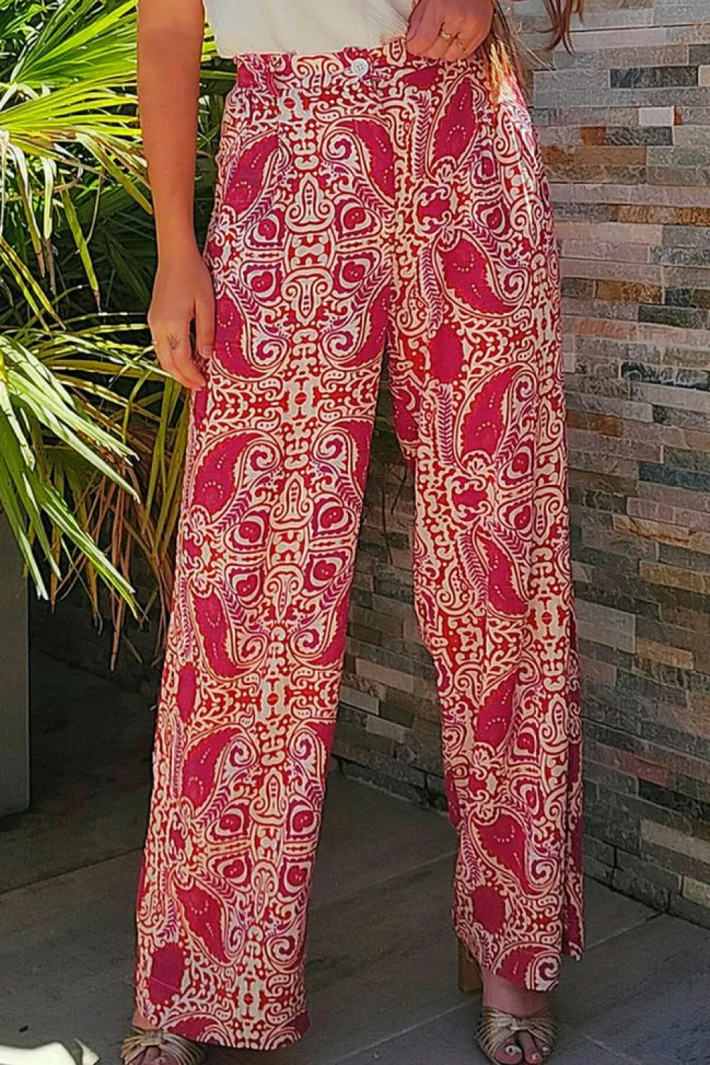 Online Dear-Lover Paisley Printed Buttoned High Waist Straight Leg Pants Red