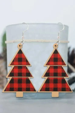 Sale Dear-Lover Red Plaid Christmas Tree Wooden Pendant Earrings Fiery Red