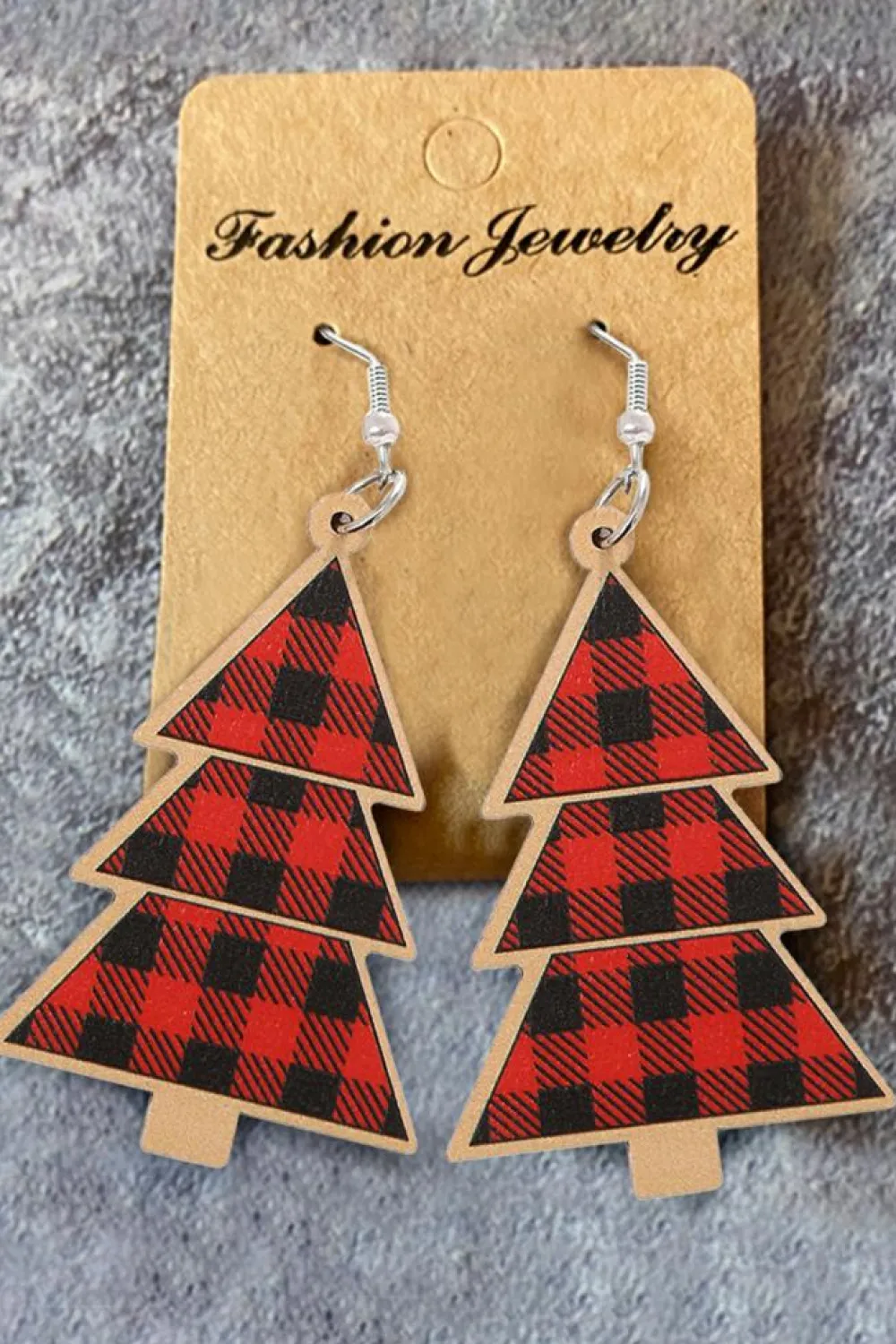 Sale Dear-Lover Red Plaid Christmas Tree Wooden Pendant Earrings Fiery Red