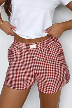Online Dear-Lover Red Plaid Gingham Printed High Waist Shorts Red Stripe