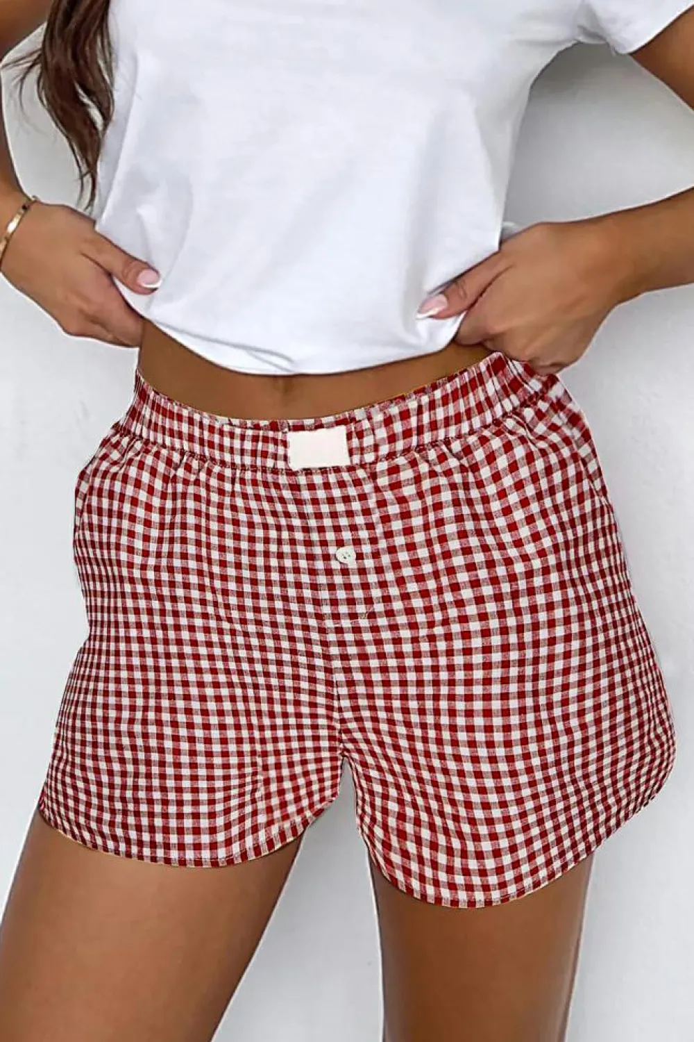 Online Dear-Lover Red Plaid Gingham Printed High Waist Shorts Red Stripe